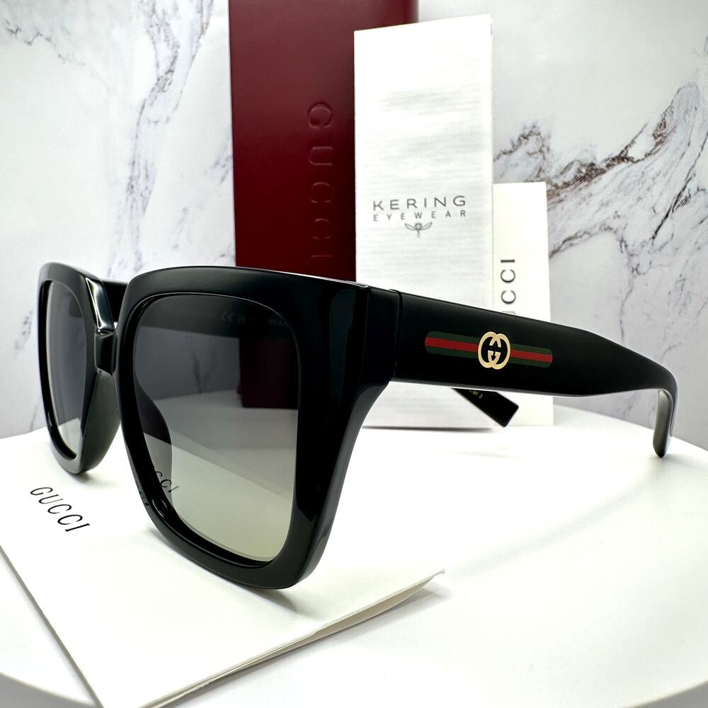 New GUCCI Sunglasses Black 54mm Square Gold Interlocking GG Red Green Web - Picture 11 of 16